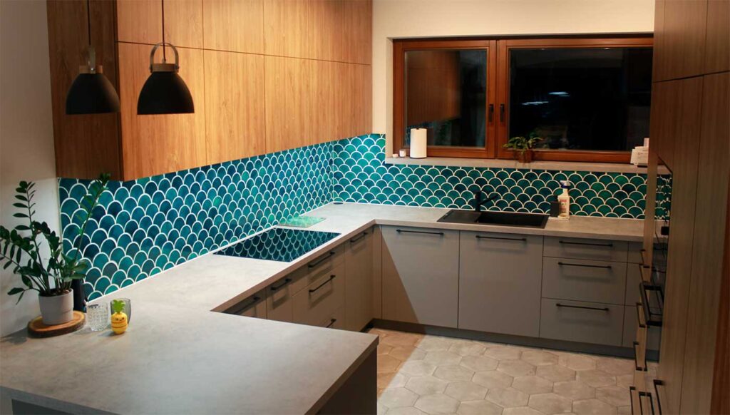 Ceramic mosaic tiles - fish scales, petrol blue color, kitchen backsplash