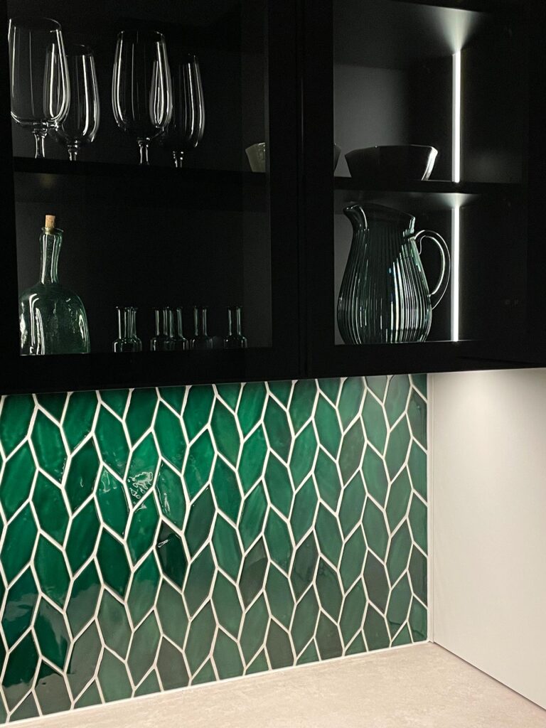 Ceramic mosaic tiles - longed hexagons, emerald green color, kitchen backsplash