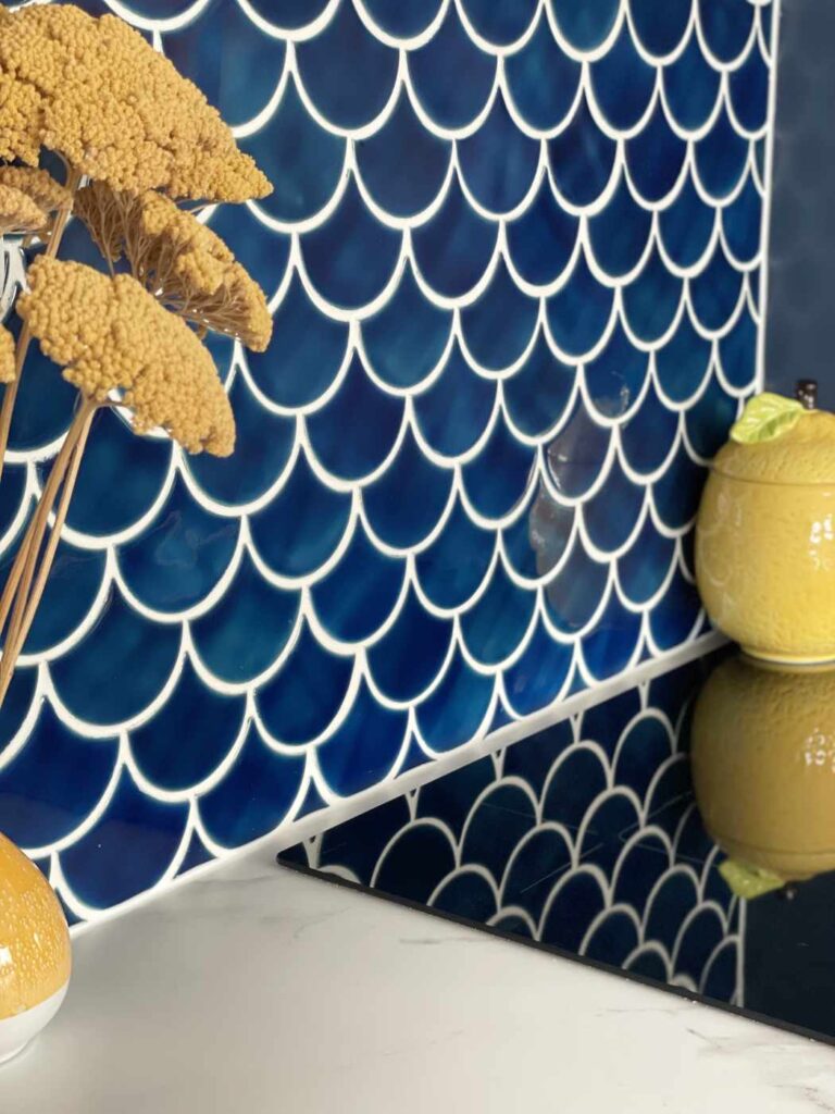 Ceramic mosaic tiles - fish scales, navy blue color, kitchen backsplash