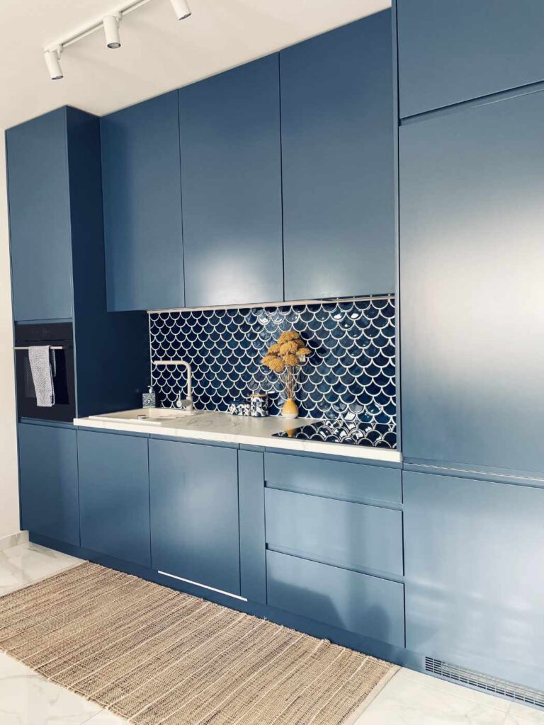 Ceramic mosaic tiles - fish scales, navy blue color, kitchen backsplash