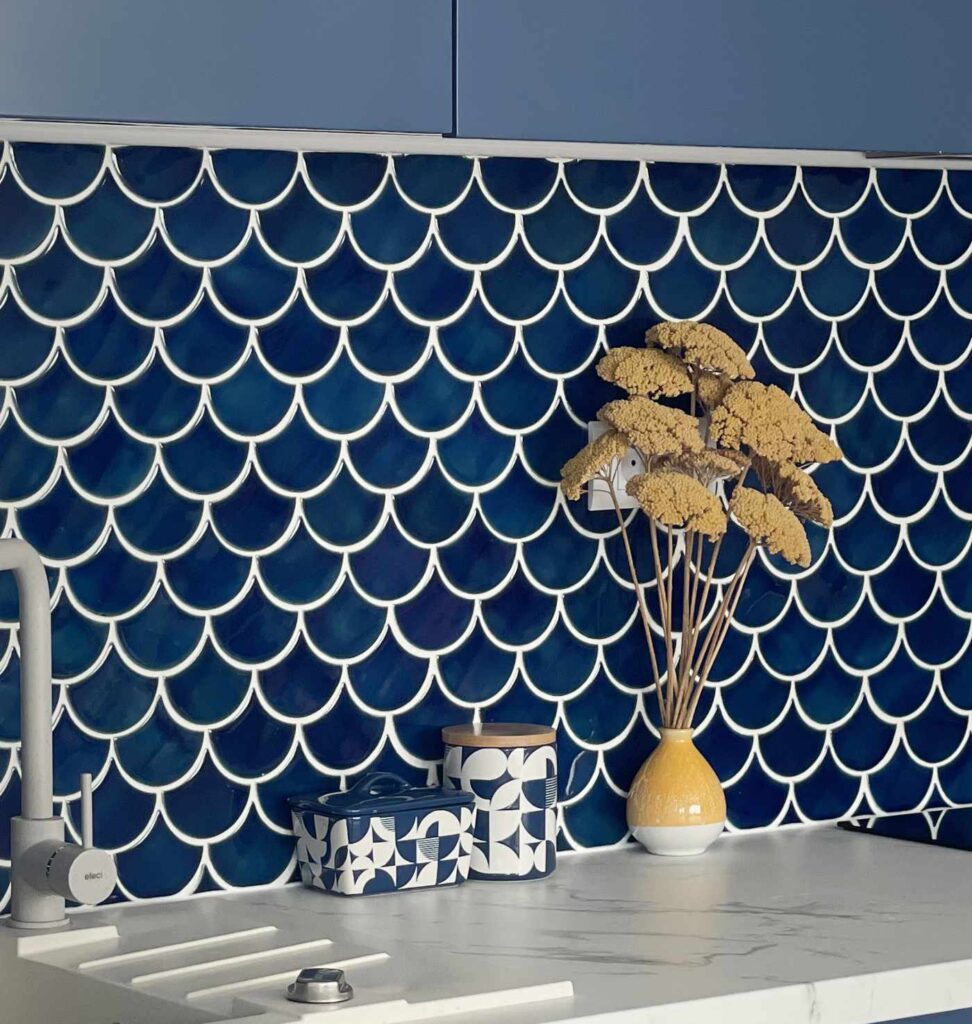 Ceramic mosaic tiles - fish scales, navy blue color, kitchen backsplash