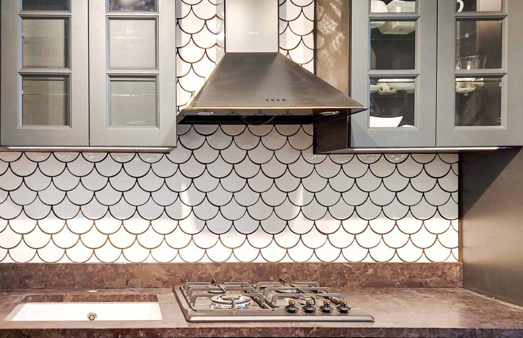 Ceramic mosaic tiles - fish scales, white glossy color, kitchen backsplash