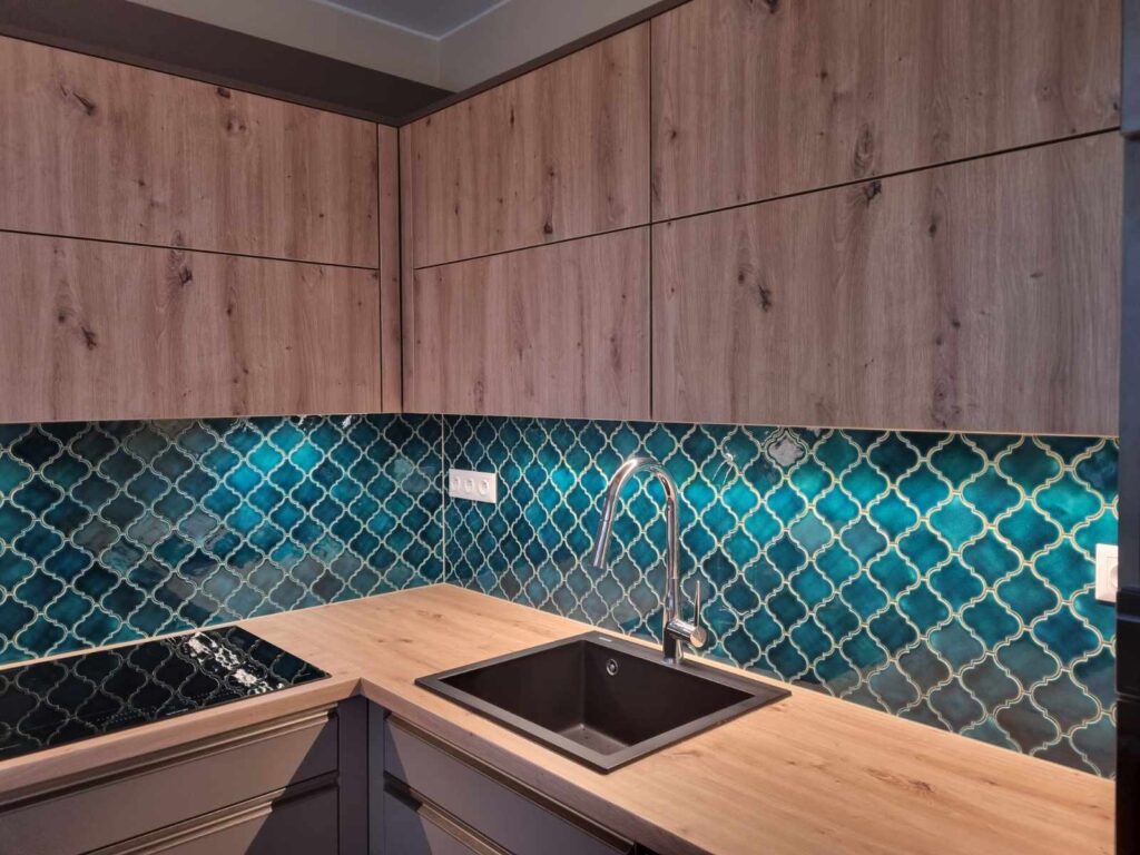 Ceramic mosaic tiles - arabesques, blue-green color, kitchen backsplash