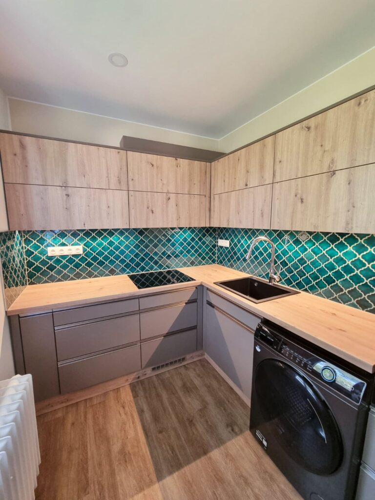 Ceramic mosaic tiles - arabesques, blue-green color, kitchen backsplash
