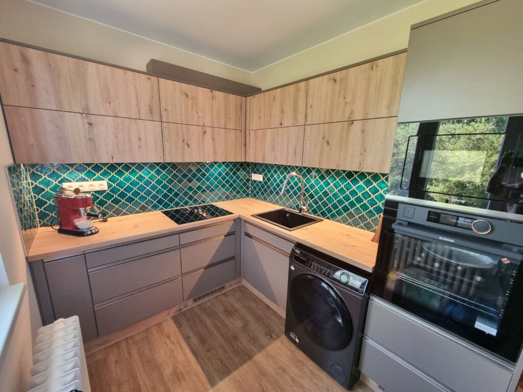 Ceramic mosaic tiles - arabesques, blue-green color, kitchen backsplash