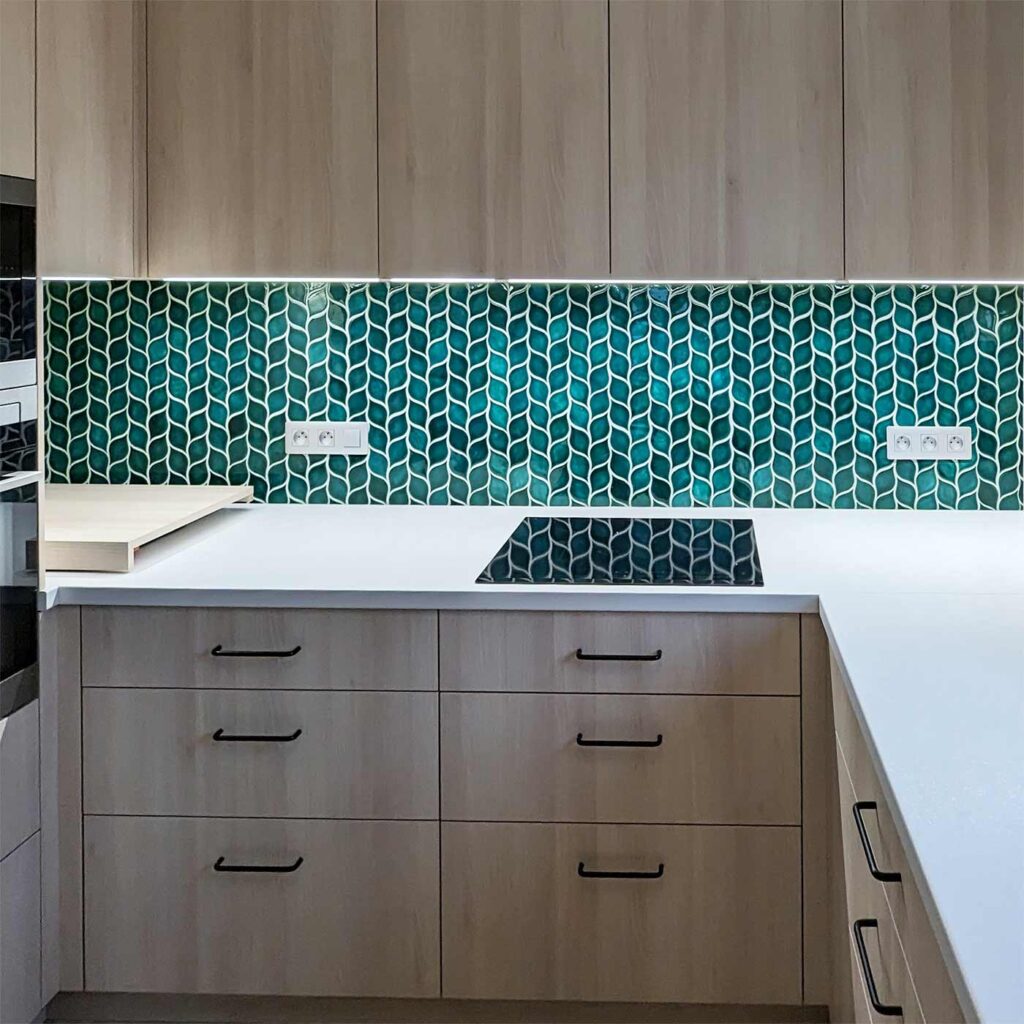 Ceramic mosaic tiles - leaves, blue green color, kitchen backsplash