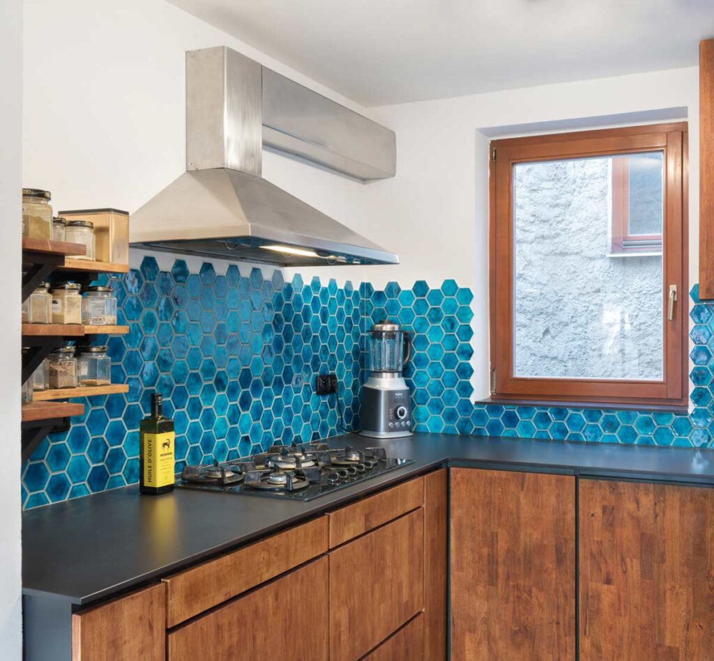 Ceramic mosaic tiles - hexagons, azure blue color, kitchen backsplash