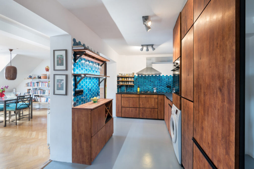 Ceramic mosaic tiles - hexagons, azure blue color, kitchen backsplash
