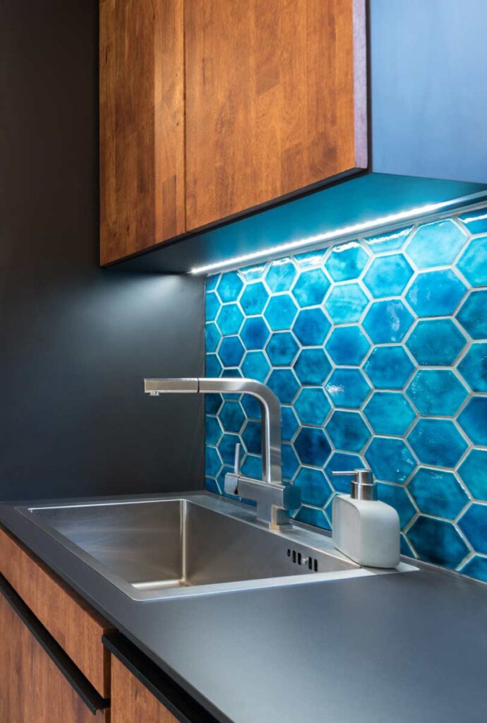 Ceramic mosaic tiles - hexagons, azure blue color, kitchen backsplash
