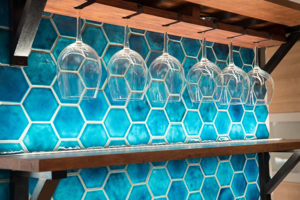 Ceramic mosaic tiles - hexagons, azure blue color, kitchen backsplash