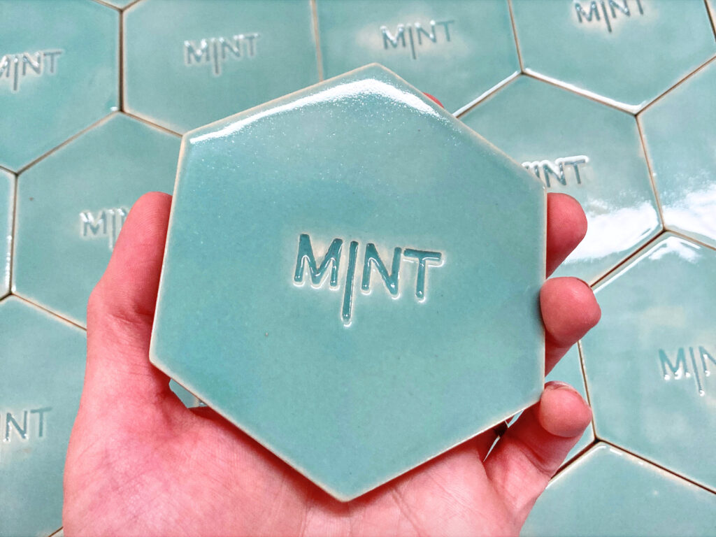 Custom made ceramic hexagon MINT - mint color, logo imprinted into clay