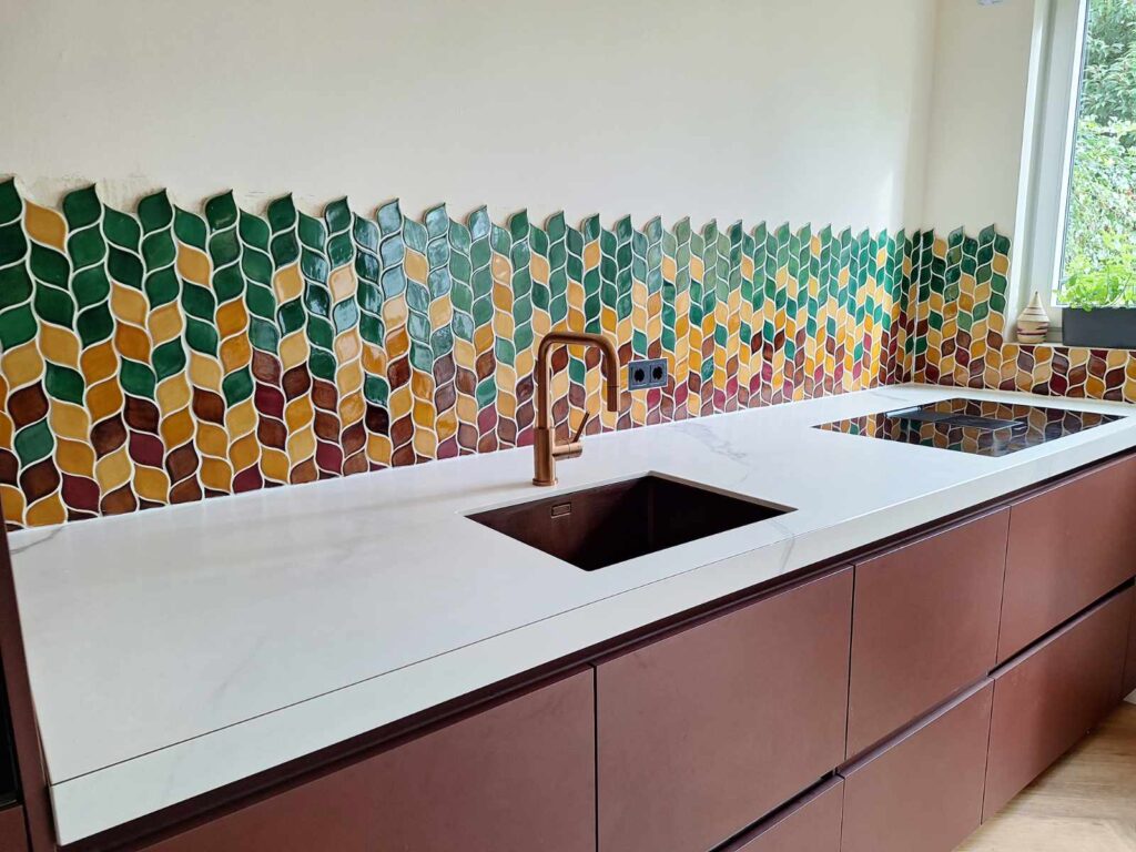 Ceramic mosaic tiles - leaves, multi-colored color combination, kitchen backsplash
