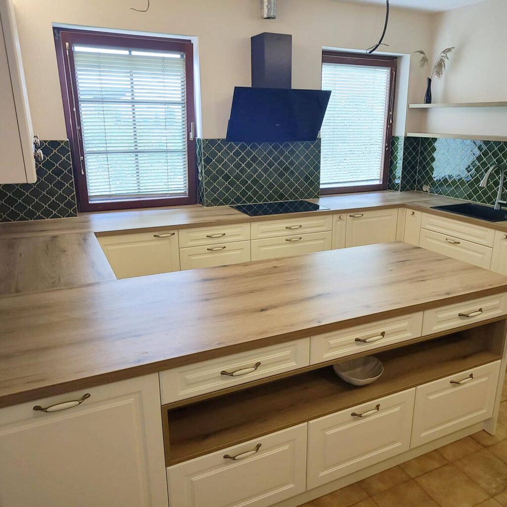 Ceramic mosaic tiles - arabesques, olive green color, kitchen backsplash