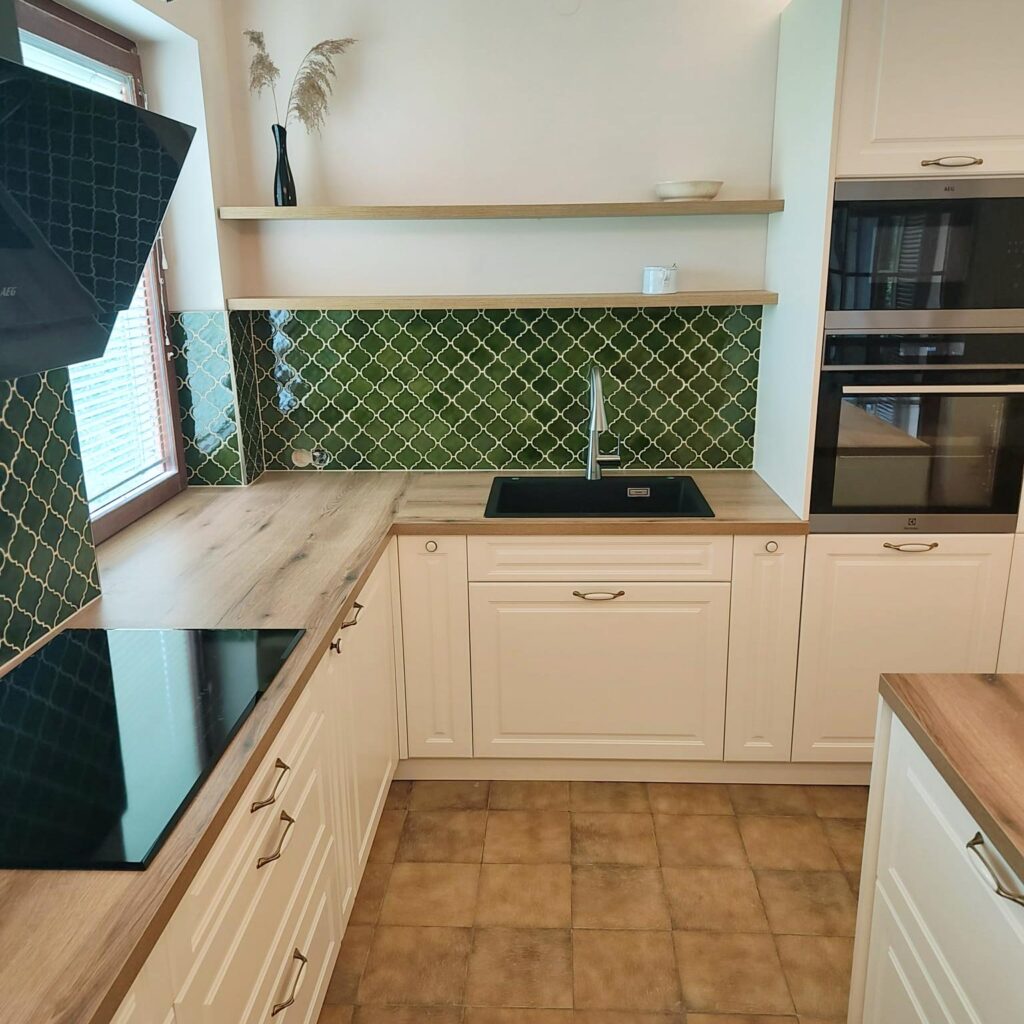 Ceramic mosaic tiles - arabesques, olive green color, kitchen backsplash
