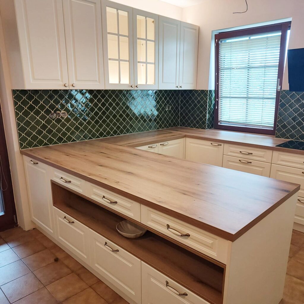 Ceramic mosaic tiles - arabesques, olive green color, kitchen backsplash