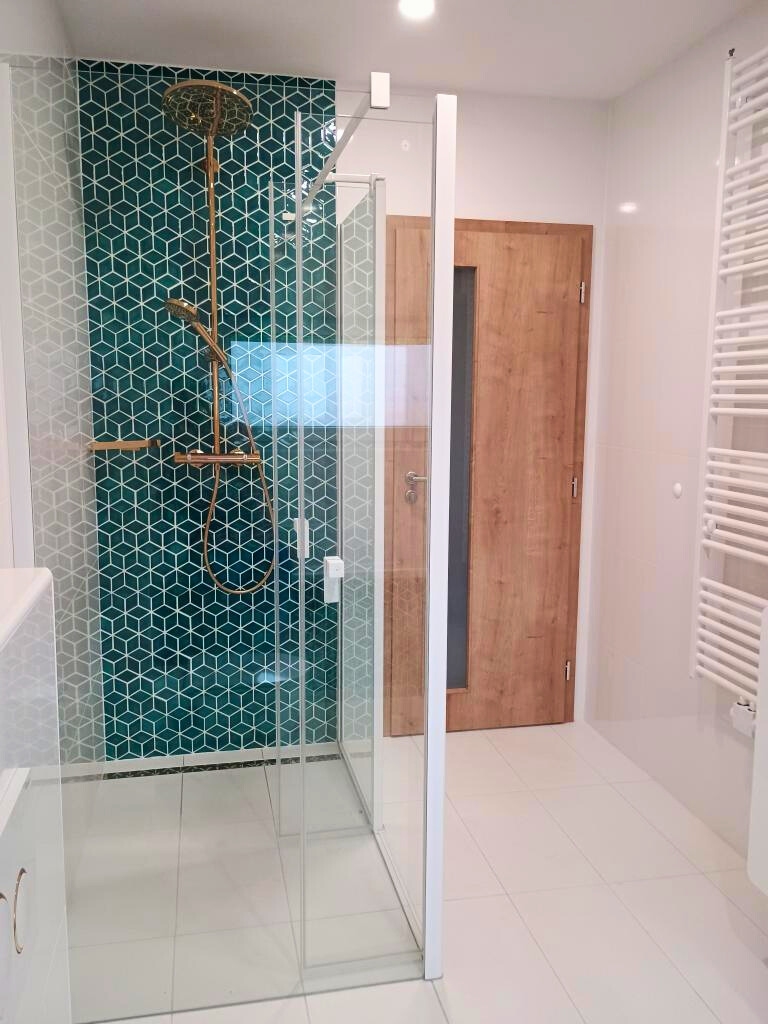 Ceramic mosaic tiles - diamonds, petrol blue color, shower wall.
