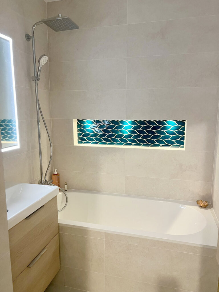 Ceramic mosaic tiles - longed hexagons, petrol blue color, bathroom niche