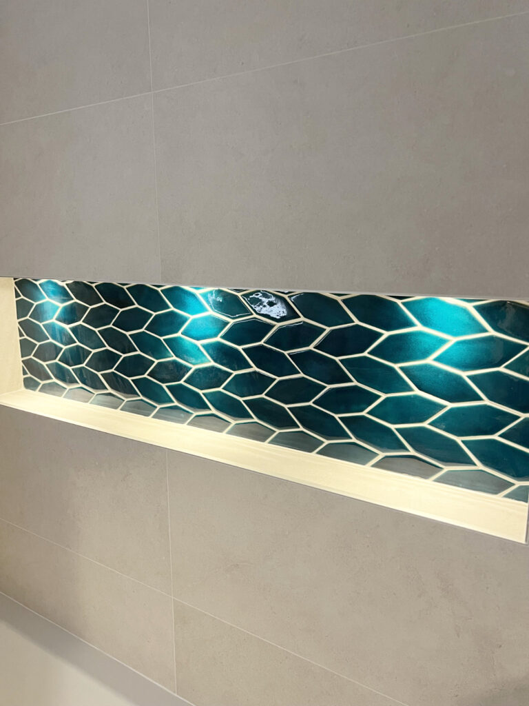 Ceramic mosaic tiles - longed hexagons, petrol blue color, bathroom niche