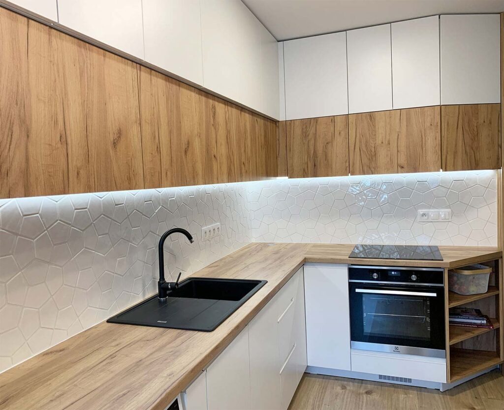 Ceramic mosaic tiles - pentagon, white glossy color, kitchen backsplash