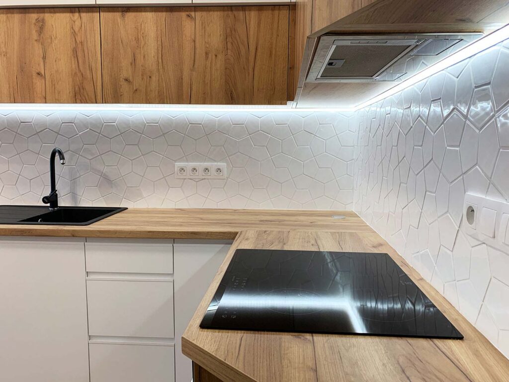 Ceramic mosaic tiles - pentagon, white glossy color, kitchen backsplash