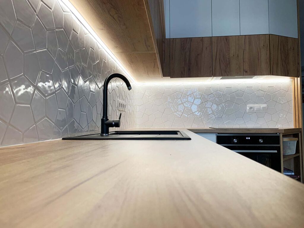 Ceramic mosaic tiles - pentagon, white glossy color, kitchen backsplash