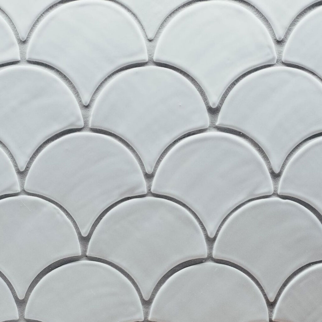 Ceramic mosaic tiles - fish scales, white glossy color, kitchen backsplash